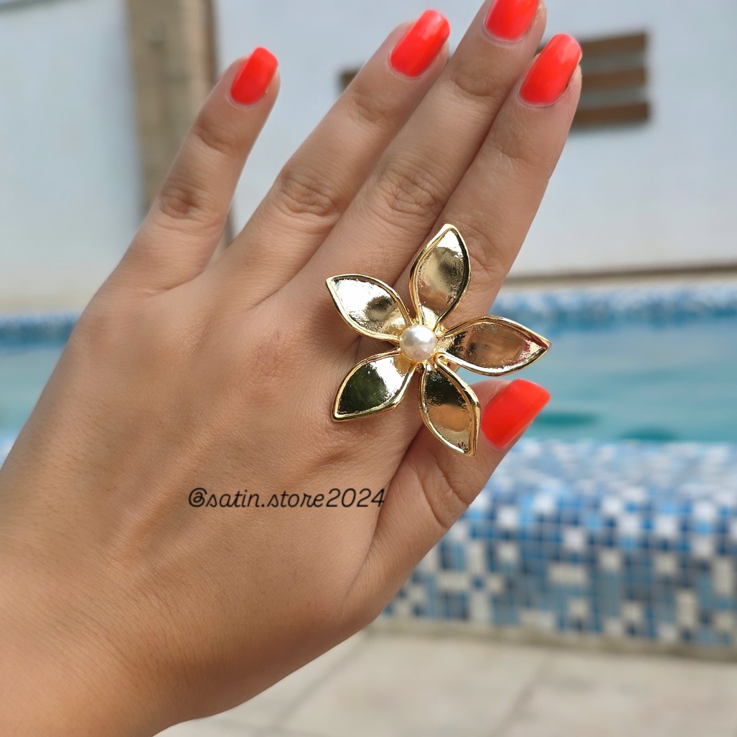 انگشتر گل مرواریدی فشن طلایی کد 4005